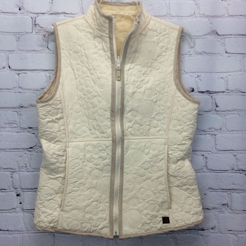 Woolrich Quilted Vest Womens Size S Beige w/Tan Trim Lined Full Zip Pockets Logo
